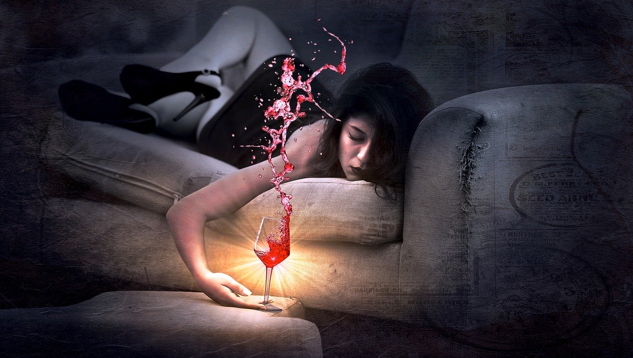 couch, red wine, girl